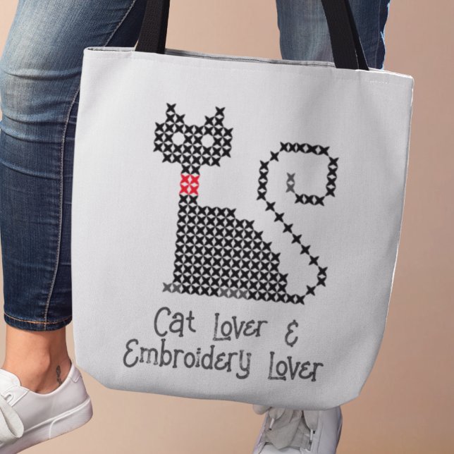 Svart kattälskare tygkasse (Cat Lover & Embroidery Lover tote bag)