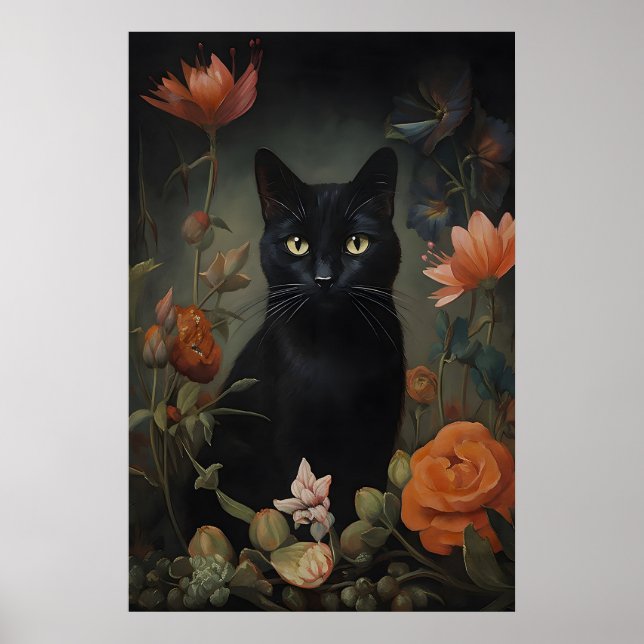 Svart kattblomma tryck, Blomsterälskare Katt Affis Poster (Framsidan)