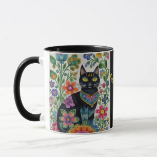 Svart kattblommor, fjärilar, inhemska konst, redig mugg