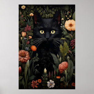 Svart kattblomstermotiv tryck, blomstergöt katt vi poster