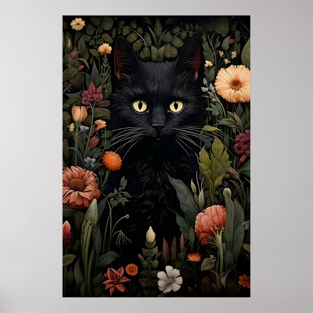 Svart kattblomstermotiv tryck, blomstergöt katt vi poster (Framsidan)