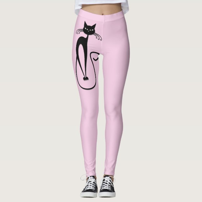 Svart kattens Rosa med vit Smala Leggings (Framsida)