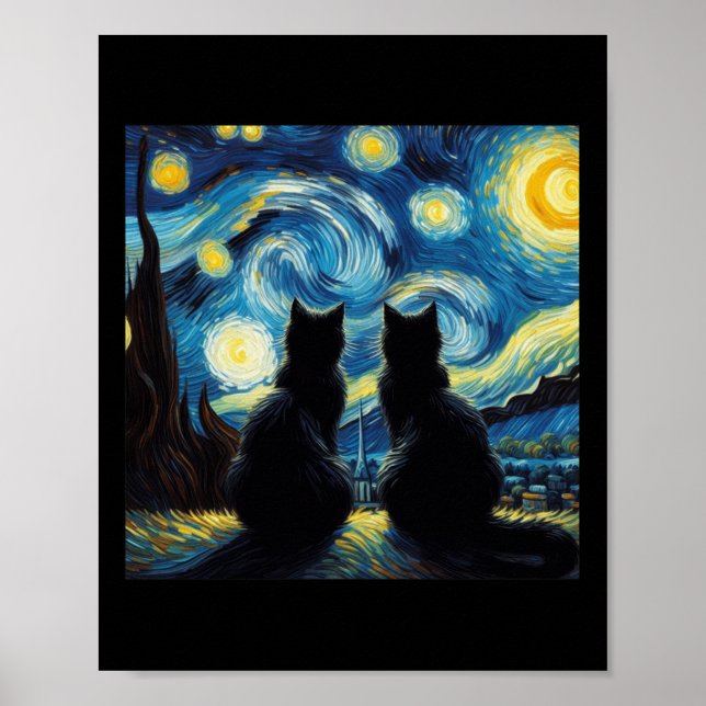 Svart Katter Älskare Stjärnklar Natt Van Gogh Katt Poster (Framsidan)