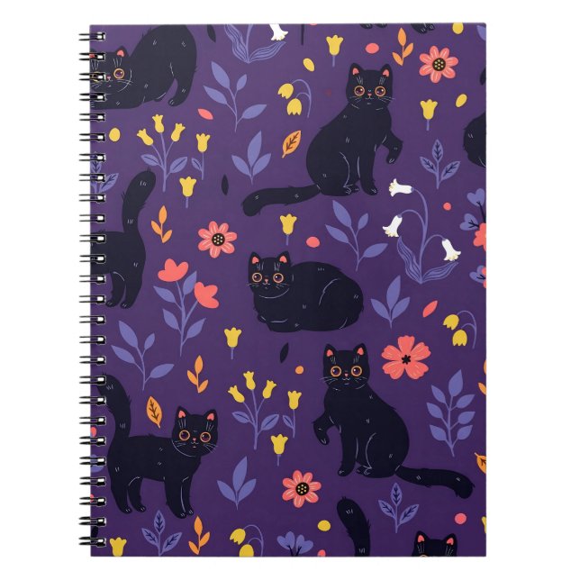 Svart Katter och Vilda Blommor mönster Anteckningsbok (Framsidan)
