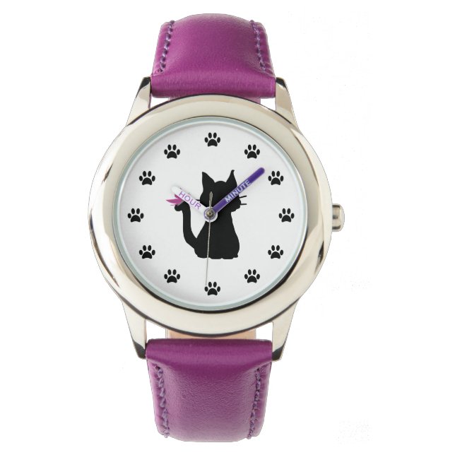 Svart kattersilhuett Rosa fjäril Armbandsur (Framsida)