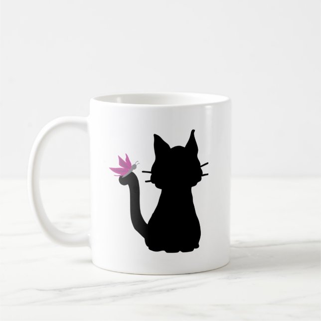 Svart kattersilhuett Rosa fjäril Kaffemugg (Vänster)