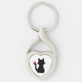 Svart kattersilhuett Rosa fjäril Twisted Heart Silverfärgad Nyckelring