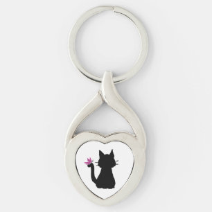 Svart kattersilhuett Rosa fjäril Twisted Heart Silverfärgad Nyckelring