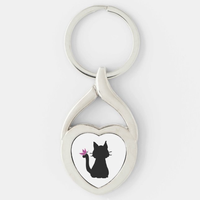Svart kattersilhuett Rosa fjäril Twisted Heart Silverfärgad Nyckelring (Framsidan)