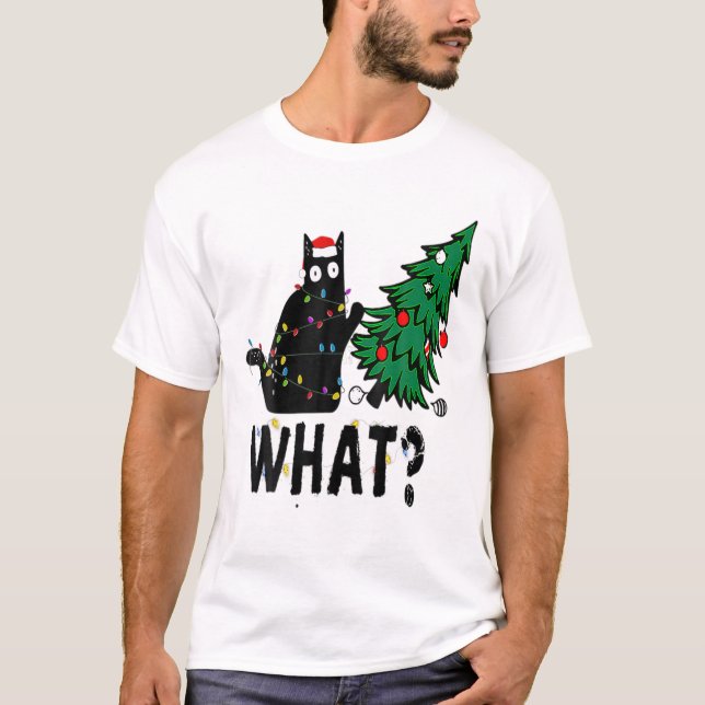 Svart kattgåva som trycker Julgran över kattvete T Shirt (Framsida)