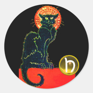 SVART KATTHALLOWEEN FESTMONOGRAM RUNT KLISTERMÄRKE