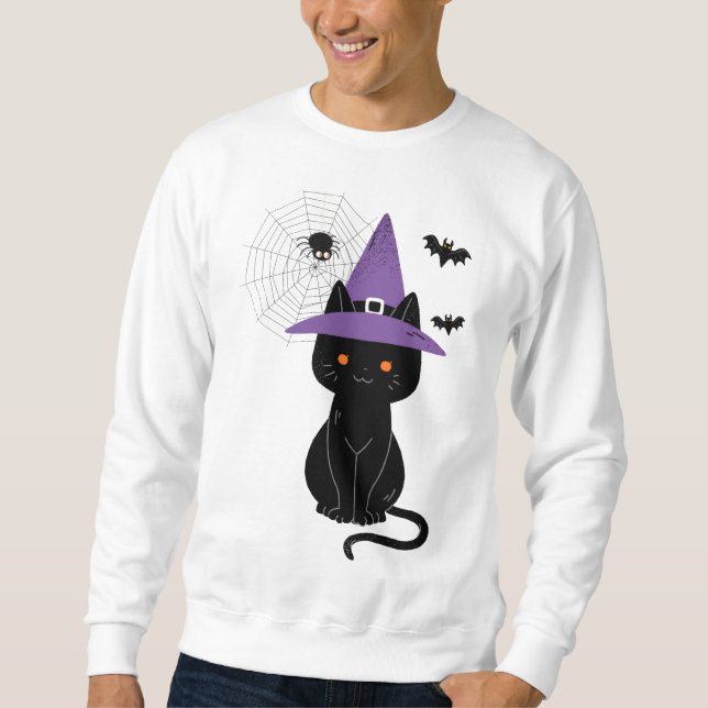 Svart Katthäxa Halloween Lång Ärmad Tröja (Framsida)