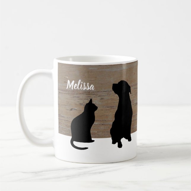 Svart katthundsilhouettes på träpersonlig kaffemugg (Vänster)
