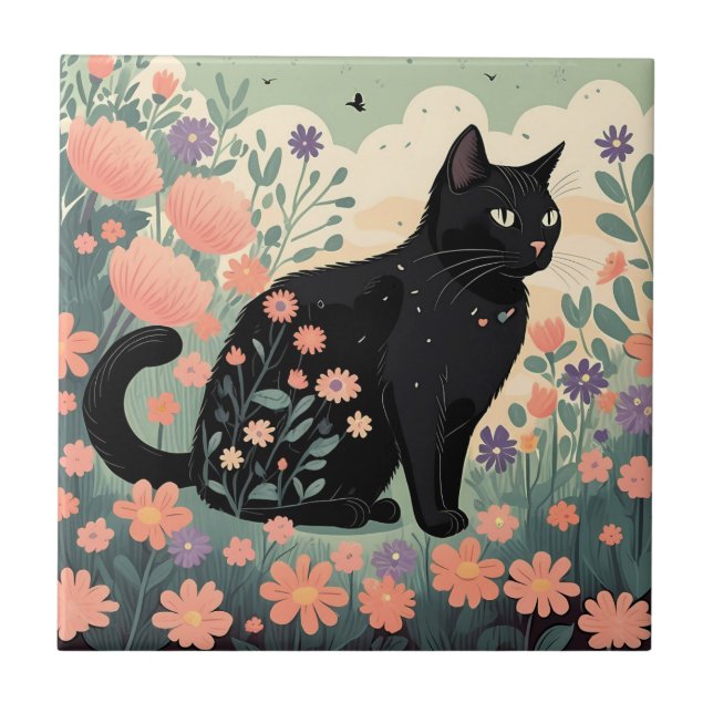 Svart kattillustration i fält av blommor kakelplatta (Framsidan)