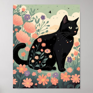 Svart kattillustration i fält av blommor poster