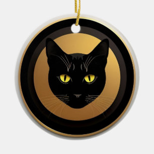 Svart kattillustration på gyllene cirkel julgransprydnad keramik