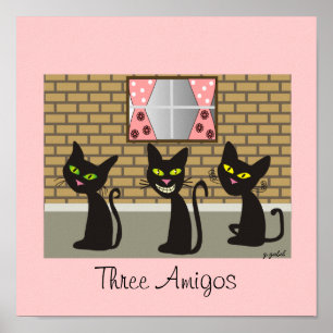 Svart kattkanfaskonst "tre Amigos ", Poster