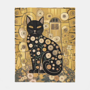 Svart kattkonst i Gustav Klimts dekorativa stil me Fleecefilt