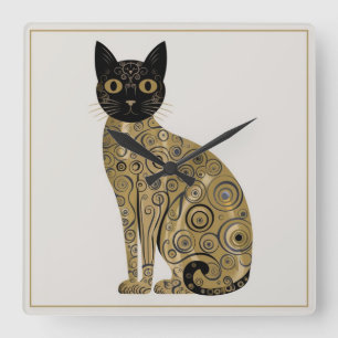 Svart kattkonst i Gustav Klimts dekorativa stil me Fyrkantig Klocka