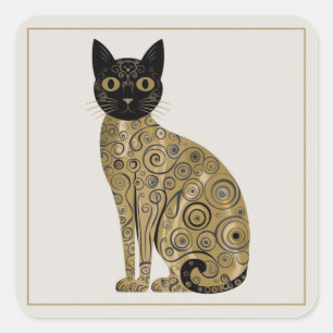 Svart kattkonst i Gustav Klimts dekorativa stil me Fyrkantigt Klistermärke