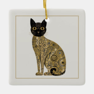 Svart kattkonst i Gustav Klimts dekorativa stil me Julgransprydnad Keramik