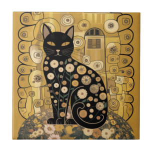 Svart kattkonst i Gustav Klimts dekorativa stil me Kakelplatta