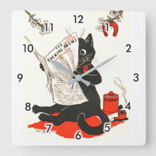 Svart kattläsning en tidning, Louis Wain Fyrkantig Klocka