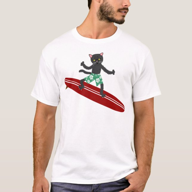 Svart kattLongboard surfare Tee Shirt (Framsida)