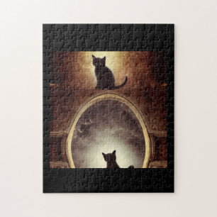 Svart kattmystik spegel mörk fantasi pussel