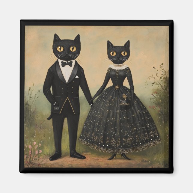 Svart kattpar vintage folkkonst gotisk viktoriansk magnet (Framsidan)