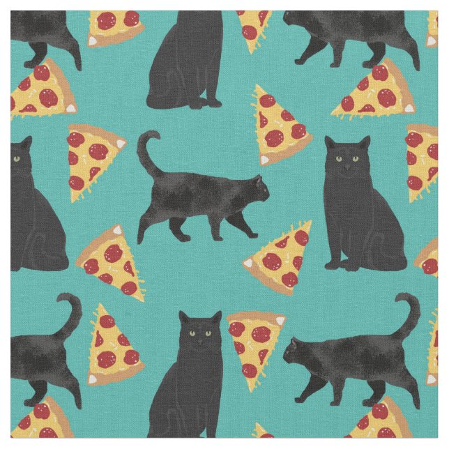 Svart kattpizza mönster tyg (Närbild)