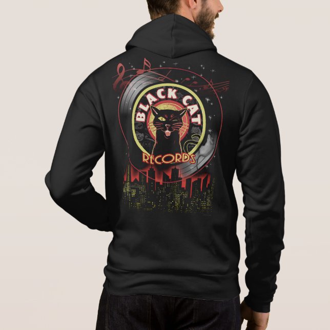 Svart kattrekord Hoodie - Retro Vinyl-etikett Stil T Shirt (Baksida)