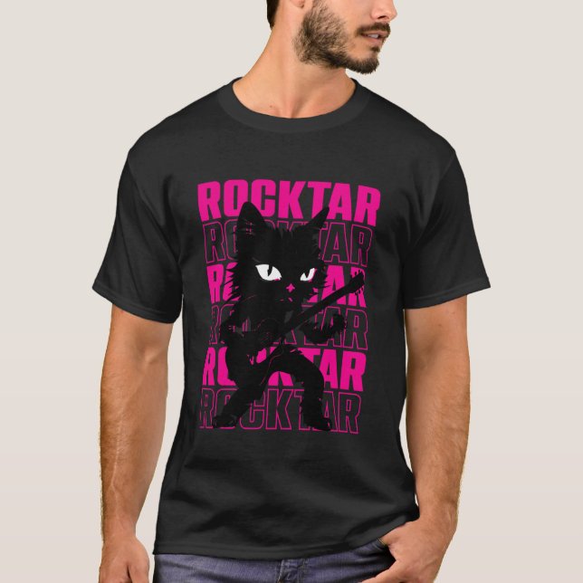 Svart Kattrockstjärna - Rolig Kattgitarrist Gitarr T Shirt (Framsida)