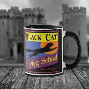 Svart Katts Flygskola Vintage Halloween Konst Mugg