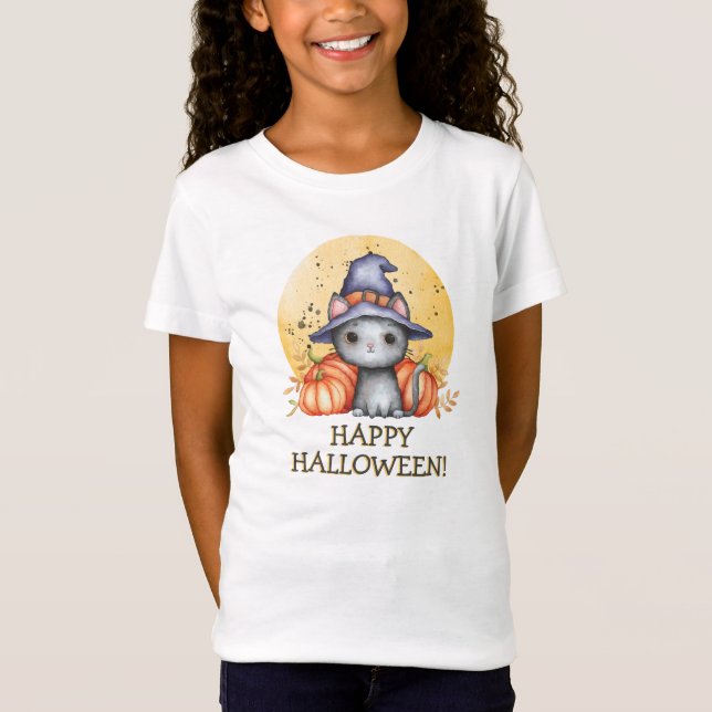 Svart Katts Halloween - En Whimsisk Röd Dag T Shirt (Framsida)