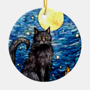 Svart kattstensfärgad glass, nattlig julgransprydnad keramik