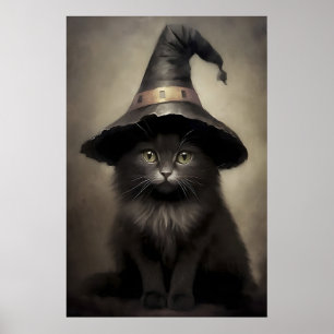 Svart kattunge i en häxa hatt tryck, halloween kat poster