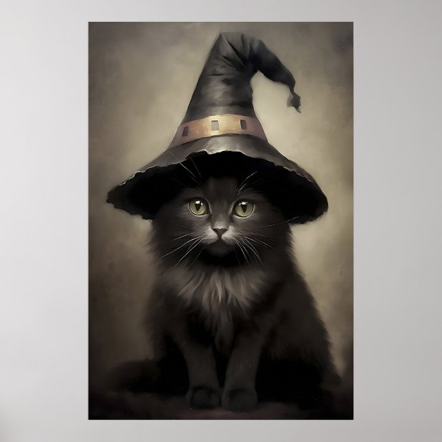 Svart kattunge i en häxa hatt tryck, halloween kat poster (Framsidan)
