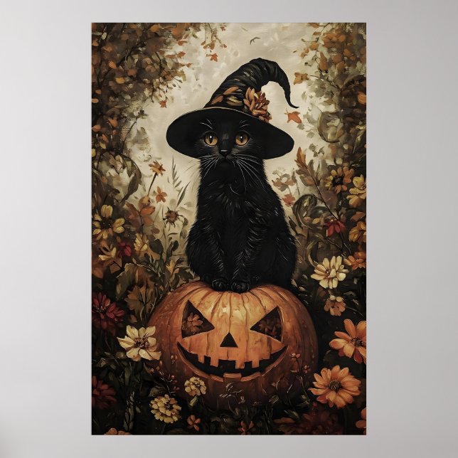 Svart kattunge i en häxhatt med pumpamönster poster (Framsidan)