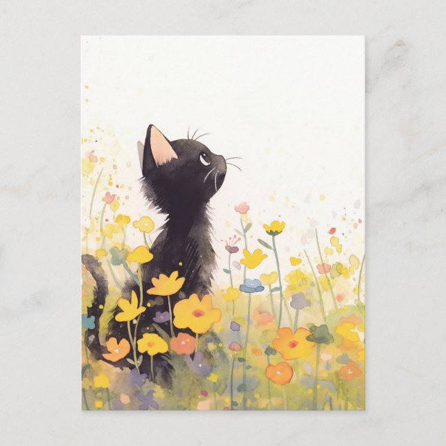 Svart kattunge i gul vildblomma sommaräng vykort (Framsida)