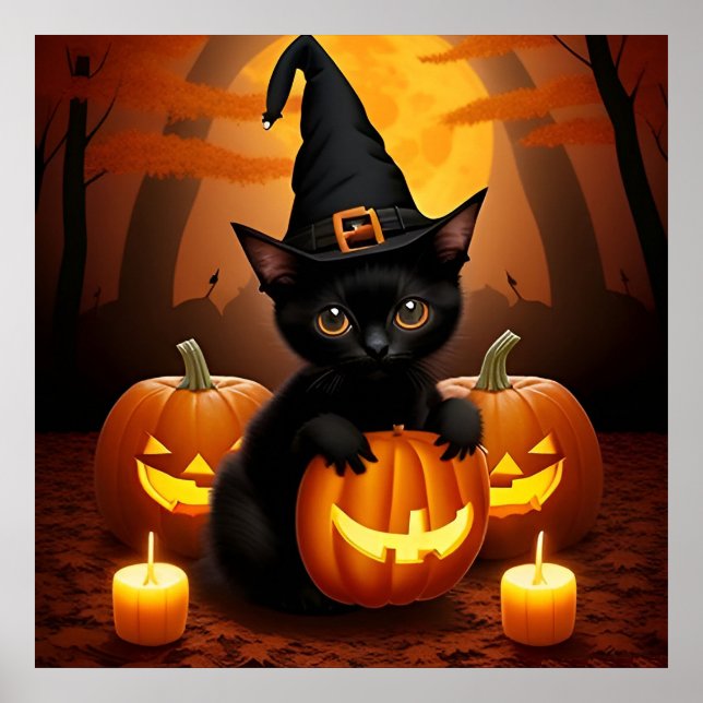 Svart kattunge i häxhatt bland halloweenpumpor poster (Framsidan)