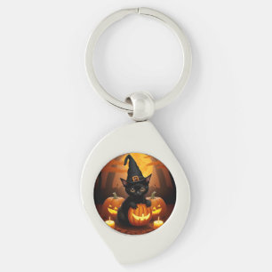 Svart kattunge i häxhatt bland halloweenpumpor swirl silverfärgad nyckelring