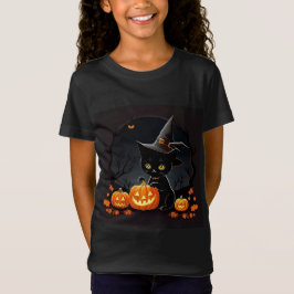 Svart kattunge i häxhatt bland halloweenpumpor t shirt