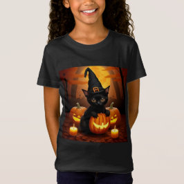 Svart kattunge i häxhatt bland halloweenpumpor t shirt