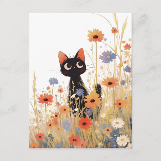 Svart kattunge i orange och blå vildblommeäng vykort (Framsida)