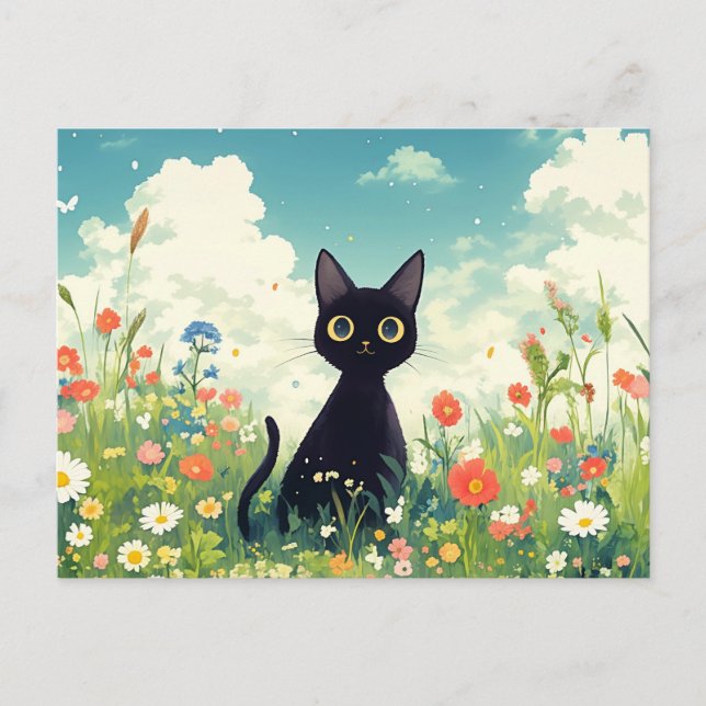 Svart kattunge i solig sommaräng med vilda blommor vykort (Framsida)