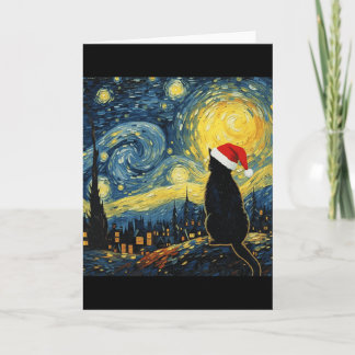 Svart kattunge jultomte mössa Van Gogh stil stjärn Kort