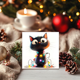 Svart kattunge med fin jul-Ljus Julkort