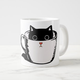 Svart kattunge med röd näsa gömmande i kopp jumbo mugg