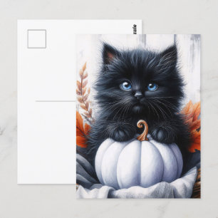 Svart kattunge med vit pumpa Halloween Vykort
